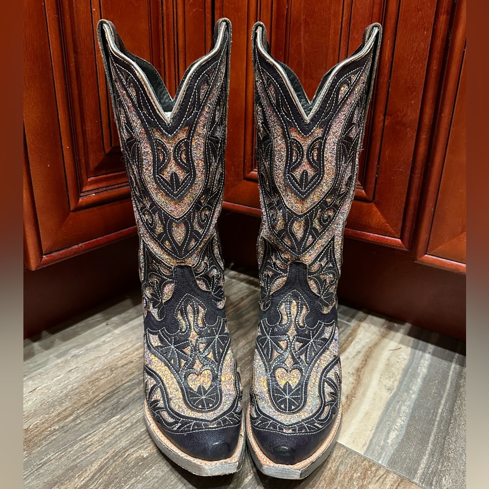 JB Dillon Black Glitter Inlay Sparkle Cowboy Boots Size 7.5 RARE Wedding Cowgirl - Picture 8 of 14